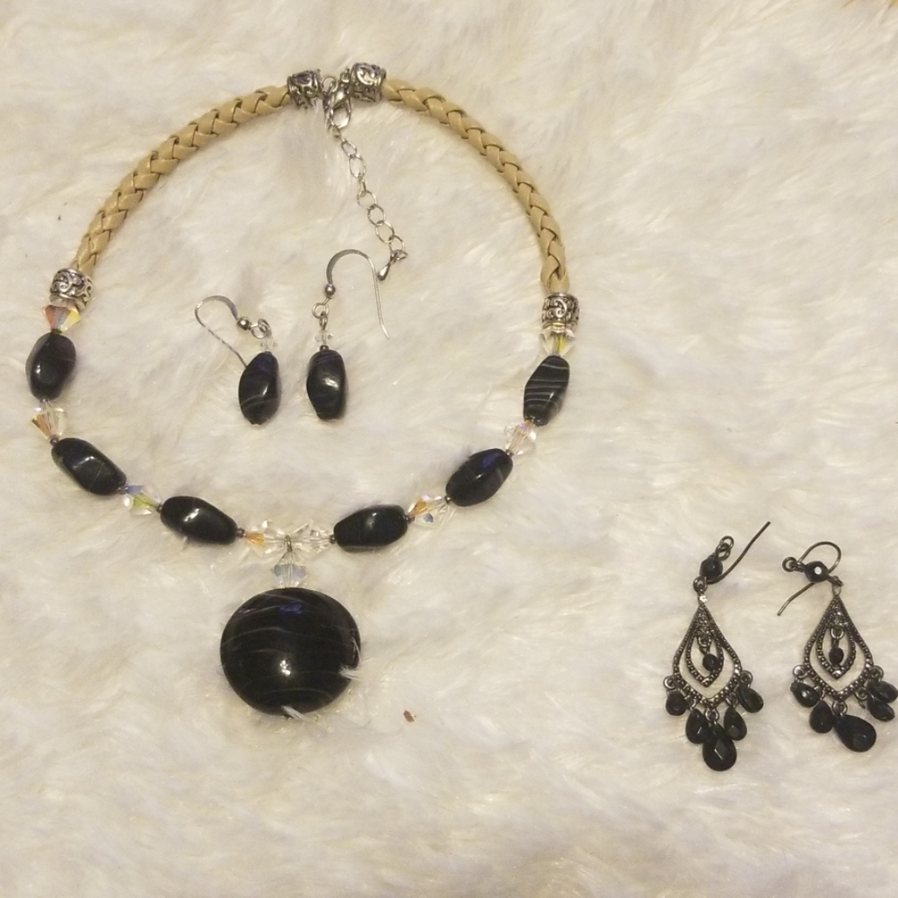 Black glass bead necklace with earrings PLUS bonus